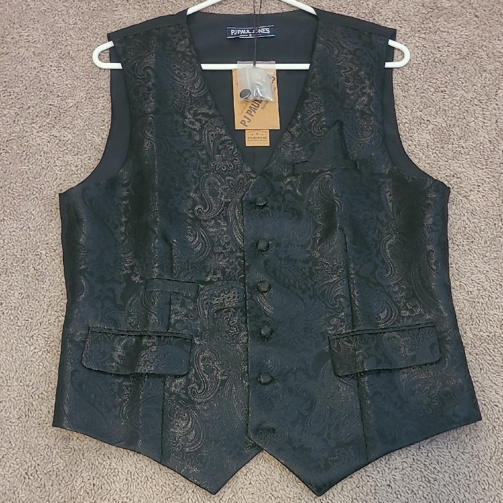NEW Men's Paisley Floral Dress Vest With Pocket Square & Cufflinks - Black